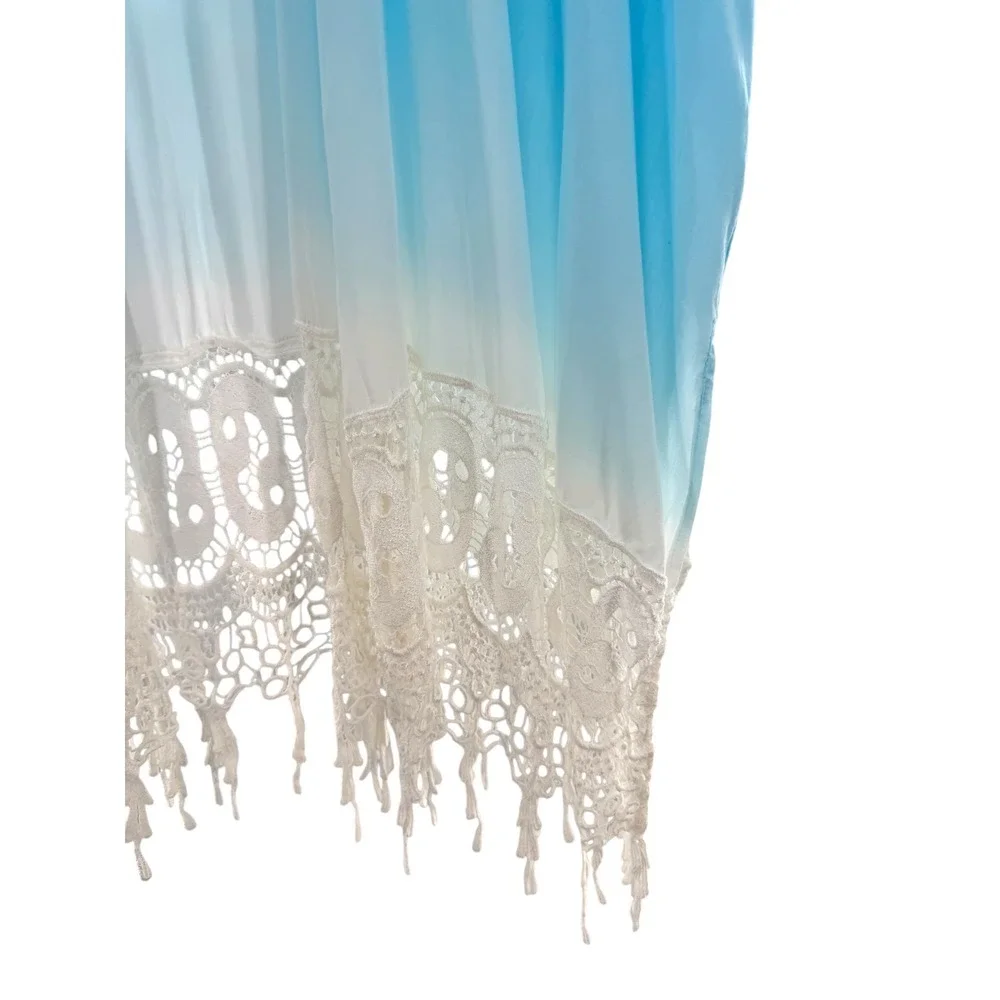 Chico's Dip Dye Ruana Poncho Blue White Ombre Crochet Lace Fringe Kimono S/M New